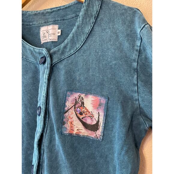 Michael Leu Washed Blue Button Front Cotton Cardigan W/ Painted Style Graphic Sm - Picture 2 of 11